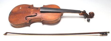ANTIQUE CASED VIOLIN, CASE AND BOW