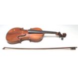 ANTIQUE CASED VIOLIN, CASE AND BOW