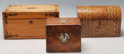 A GROUP OF THREE ANTIQUE VICTORIAN WOODEN CASKETS AND TEA CADDIES.