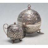 INDIAN SILVER LIDDED BOWL WITH FLORAL MOTIFS DECORATION