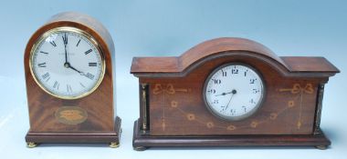 EDWARDIAN OAK INLAID MANTLE CLOCK WITH WHITE ENAMEL FACE.