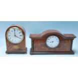 EDWARDIAN OAK INLAID MANTLE CLOCK WITH WHITE ENAMEL FACE.