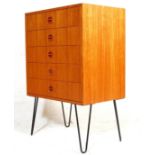 A VINTAGE DANISH INSPIRED CHEST OF DRAWERS WITH LOZENGES HANDLES AND METAL HAIRPIN LEGS
