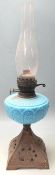 VICTORIAN 19TH CENTURY CAST IRON AND BLUE GLASS OIL LAMP