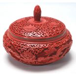 CHINESE CINNABAR BOWL / DISH WITH LID AND DRAGONS