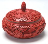 CHINESE CINNABAR BOWL / DISH WITH LID AND DRAGONS