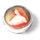 A STAMPED 925 SILVER AND ENAMEL PILL BOX WITH A PRE-RAPHAELITE MAIDEN ATOP.