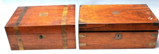 ANTIQUE BRASS BOUND WALNUT AND OAK WRITING SLOPES