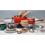 SIX RETRO ENAMELLED FONDUE SETS AND FORKS