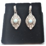 A PAIR OF STAMPED 925 SILVER ART DECO STYLE EARRINGS SET WITH OPALS AND CUBIC ZIRCONIA