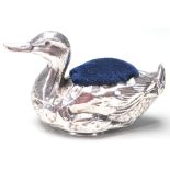 1921 SILVER HALLMARKED PINCUSHION IN SHAPE OF A DUCK WITH BLUE VELVET SOFT PAD