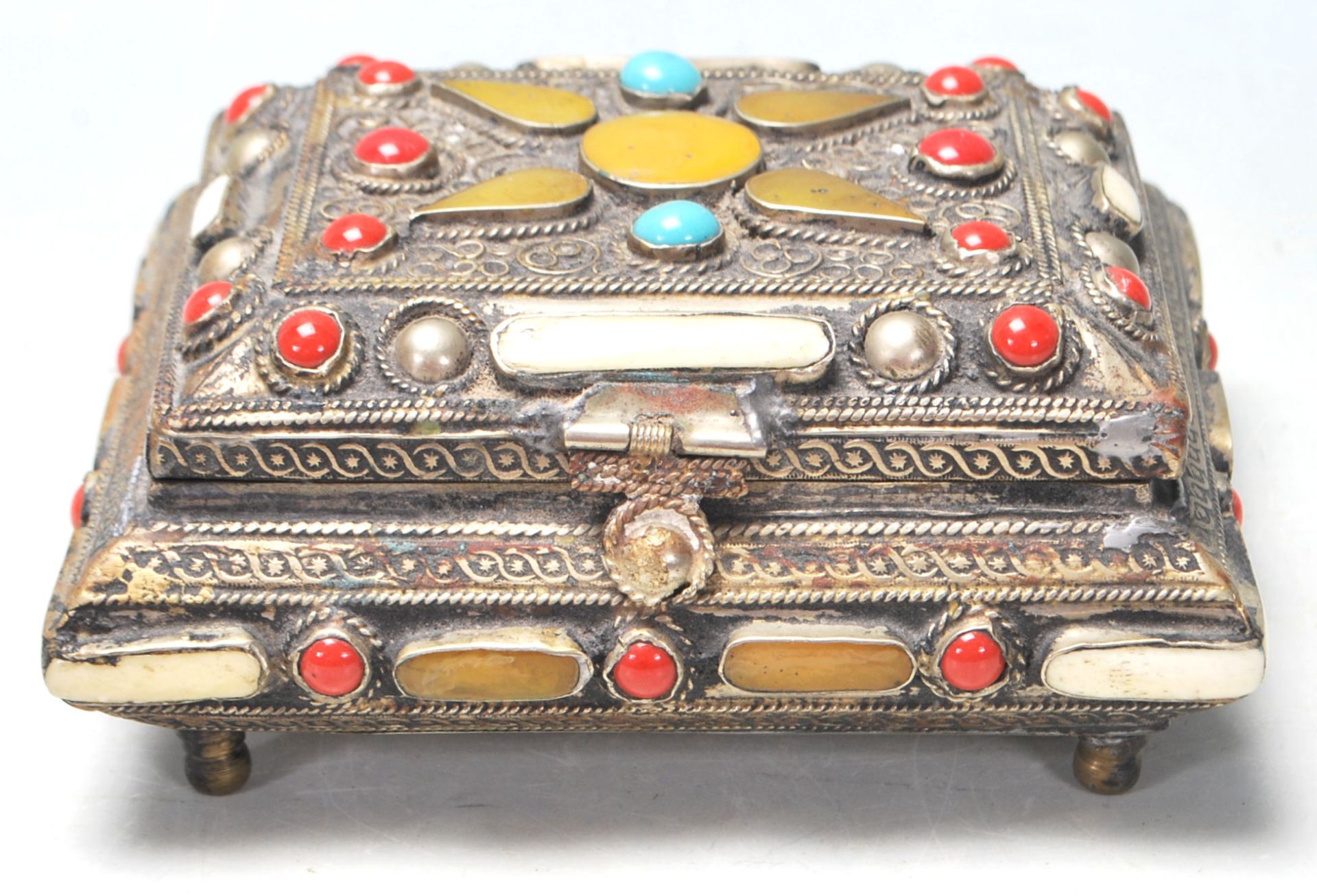 FILIGREE WORKED BONE, CORAL AND TURQUOISE LIDDED BOX