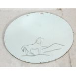 A RETRO LARGE CIRCULAR MIRROR WITH ETCHED HORSE AND LANDSCAPE AND BEVELLED EDGE.