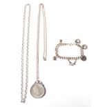 SILVER CHARM BRACELET, COIN NECKLACE AND NECKLACE CHAIN