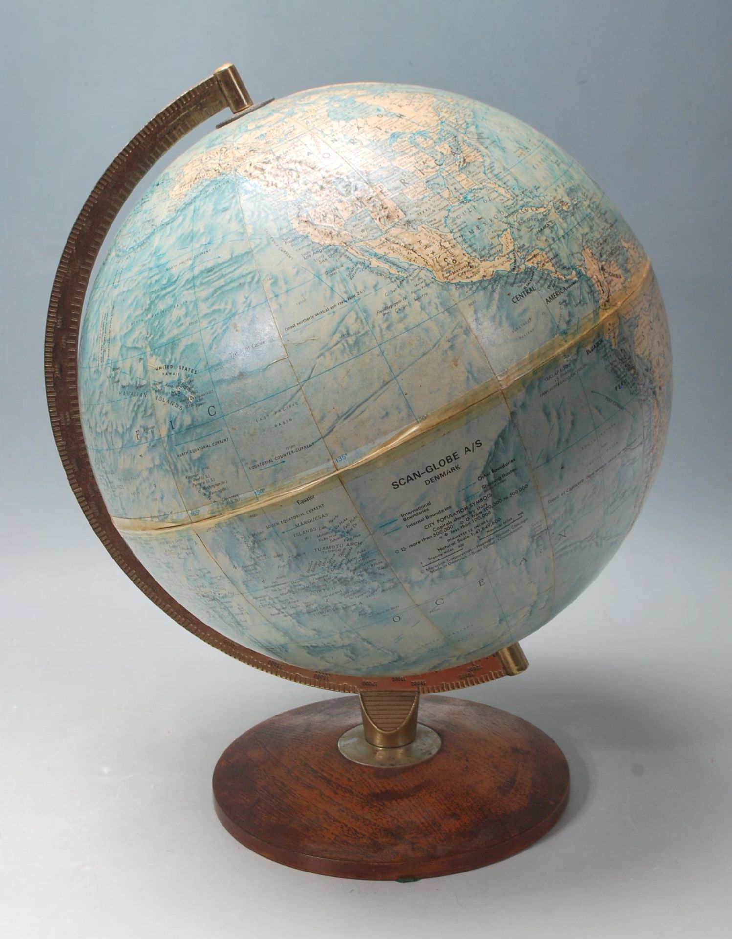 1970’S DANISH SCAN GLOBE WITH ARCH SUPPORT AND CIRCULAR TEAK WOOD BASE