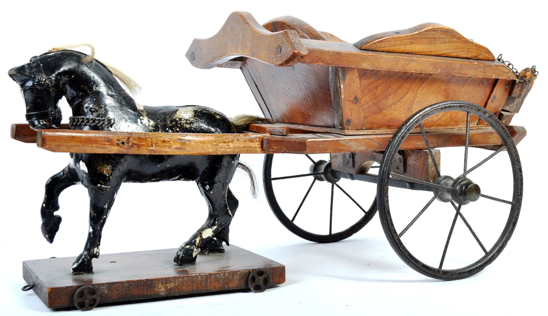 CHARMING ANTIQUE WOODEN HORSE AND TRAP CART TOY