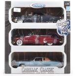 BOX SET OF X3 ANSON 1/18 SCALE CADILLAC CLASSIC DIECAST MODELS