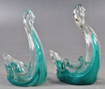 PAIR OF RETRO TURQUOISE GLASS TABLE SALTS / TRINKE