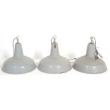 SET OF THREE VINTAGE RETRO 20TH CENTURY FACTORY INDUSTRIAL METAL PENDANT LIGHTS