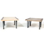 TWO VINTAGE RETRO 20TH CENTURY FACTORY INDUSTRIAL WOOD AND METAL RECLAMATION COFFEE TABLES