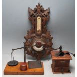 ANTIQUE 20TH CENTURY BRASS BALANCE SCALE - WOODEN BAROMETER - COFFEE GRINDER