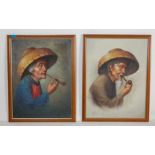 TWO RETRO VINTAGE MID CENTURY 1950S OIL AND CANVAS PAINTING PICTURE OF AN ELDERLY CHINESE COUPLE SMO