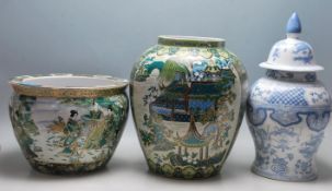 LARGE LATE 20TH CENTURY CHINESE REPUBLIC FISH BOWL / PLANTER TOGETHER WITH TWO OTHER VASES