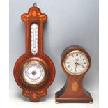 ANTIQUE STYLE MAHOGANY INLAID MANTLE CLOCK AND BANJO BAROMETER