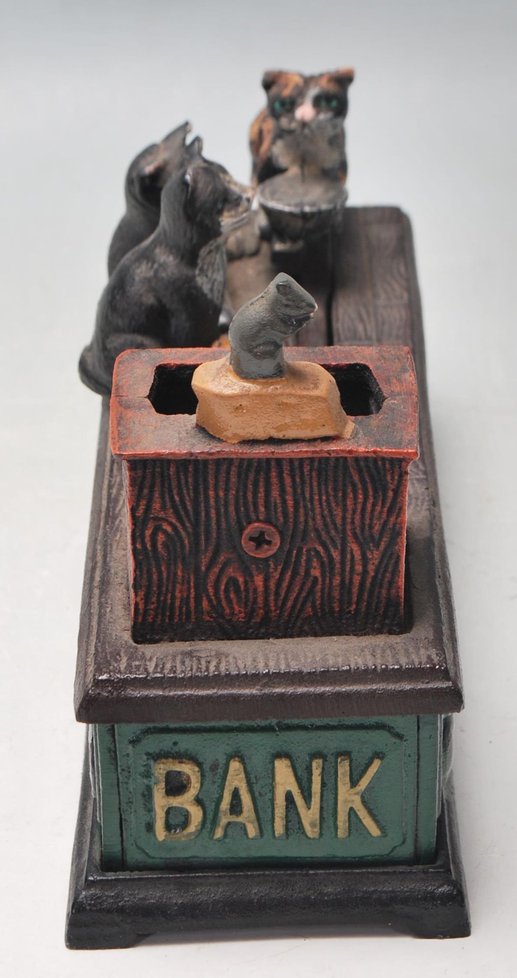 VINTAGE STYLE CAST IRON SPRING LOADED METAMORPHIC CAT AND MOUSE MONEY BANK - Image 2 of 6