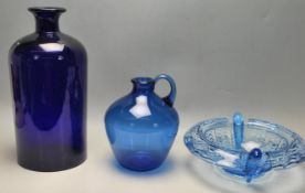 THREE VINTAGE RETRO 20TH CENTURY BLUE GLASS VESSELS