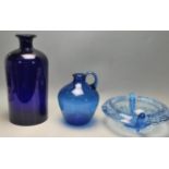 THREE VINTAGE RETRO 20TH CENTURY BLUE GLASS VESSELS