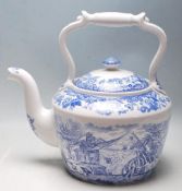 A LARGE LIMITED EDITION CERAMIC TEAPOT BY SPODE - BLUE AND WHITE WITH RURAL SCENE