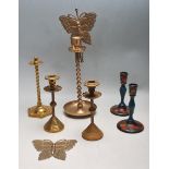 A GROUP OF VINTAGE 20TH CENTURY BRASS CANDLESTICKS WITH ARTS AND CRAFTS DESING