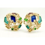 A PAIR OF 18CT GOLD & ENAMEL EAR CLIPS