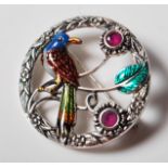 SILVER AND RED STONE BIRD BROOCH