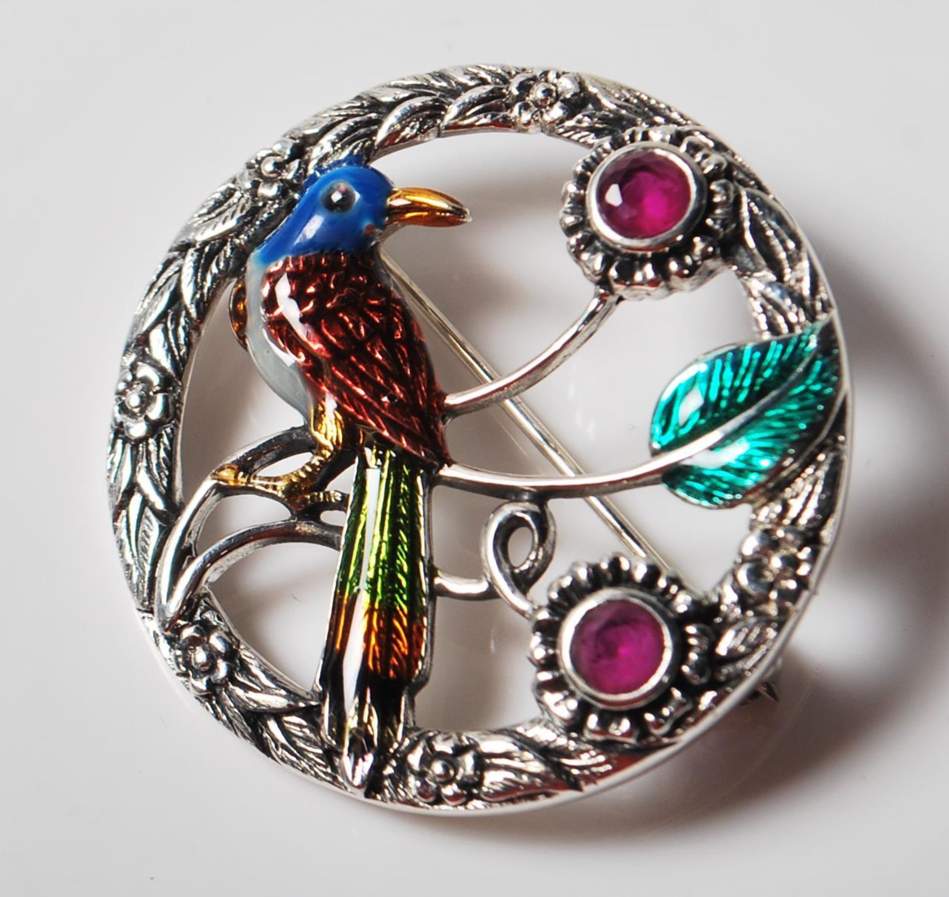 SILVER AND RED STONE BIRD BROOCH
