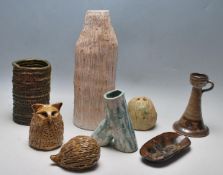 A COLLECTION OF VINTAGE RETRO STUDIO ART POTTERY - VASES - CANDLESTICK - PIN TRAY