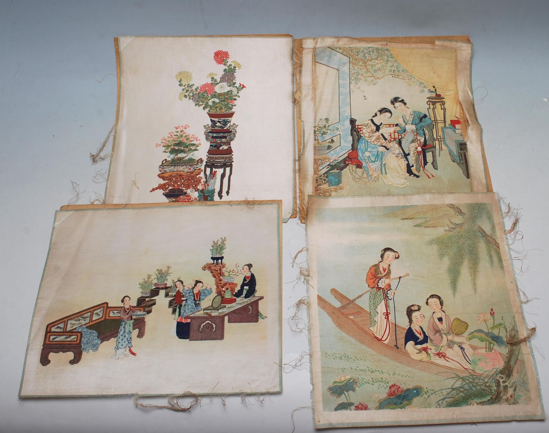 A COLLECITON OF FOUR 19TH CENTURY CHINESE SILK PAINTINGS TO INCLUDE