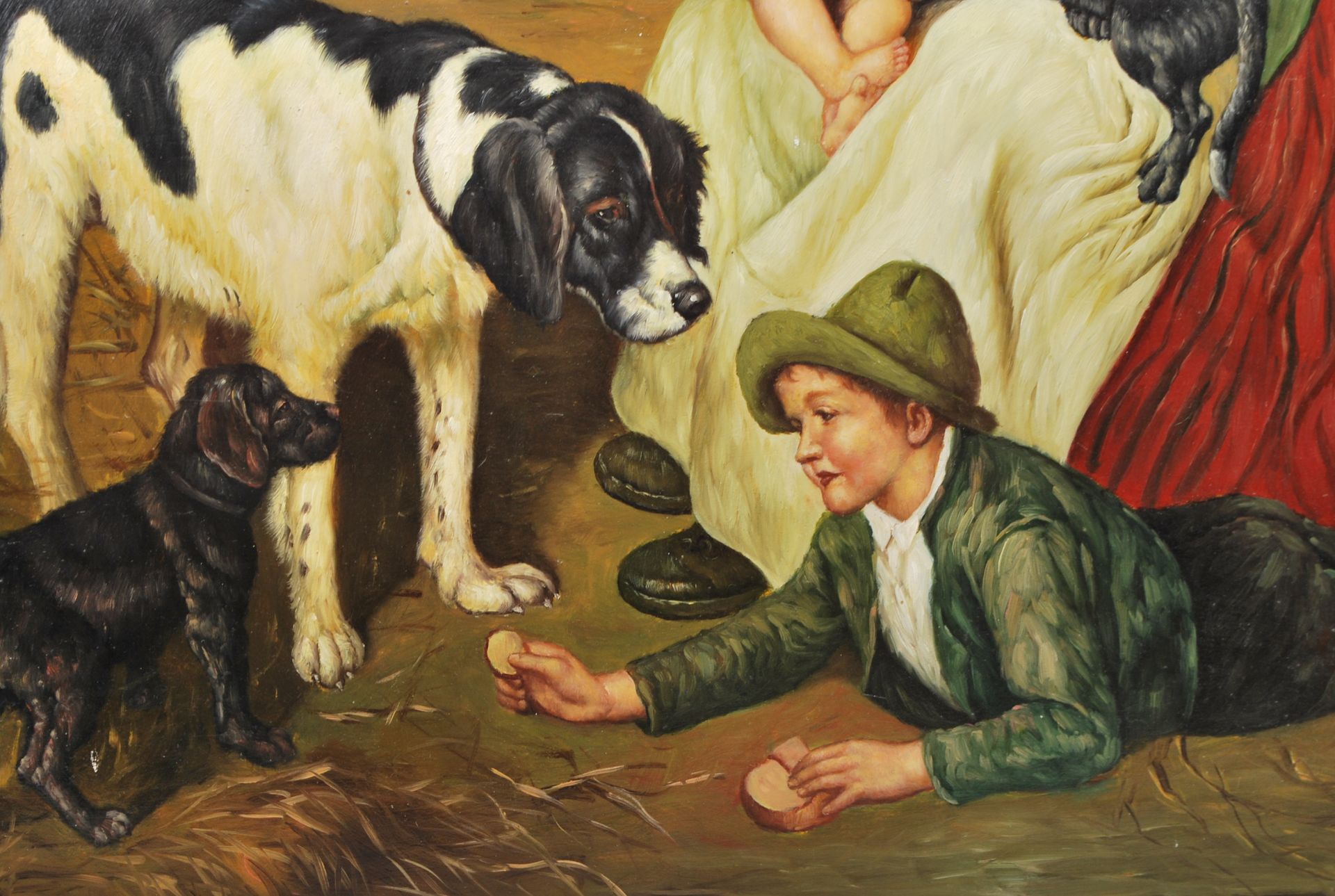 VINTAGE MID CENTURY VICTORIAN REVIVAL OIL ON BOARD PAINTING OF A YOUNG FAMILY PLAYING WITH PUPPIES - Image 4 of 5