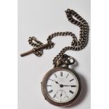TWO SILVER ANTIQUE POCKET WATCHES AND CHAIN