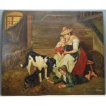 VINTAGE MID CENTURY VICTORIAN REVIVAL OIL ON BOARD PAINTING OF A YOUNG FAMILY PLAYING WITH PUPPIES