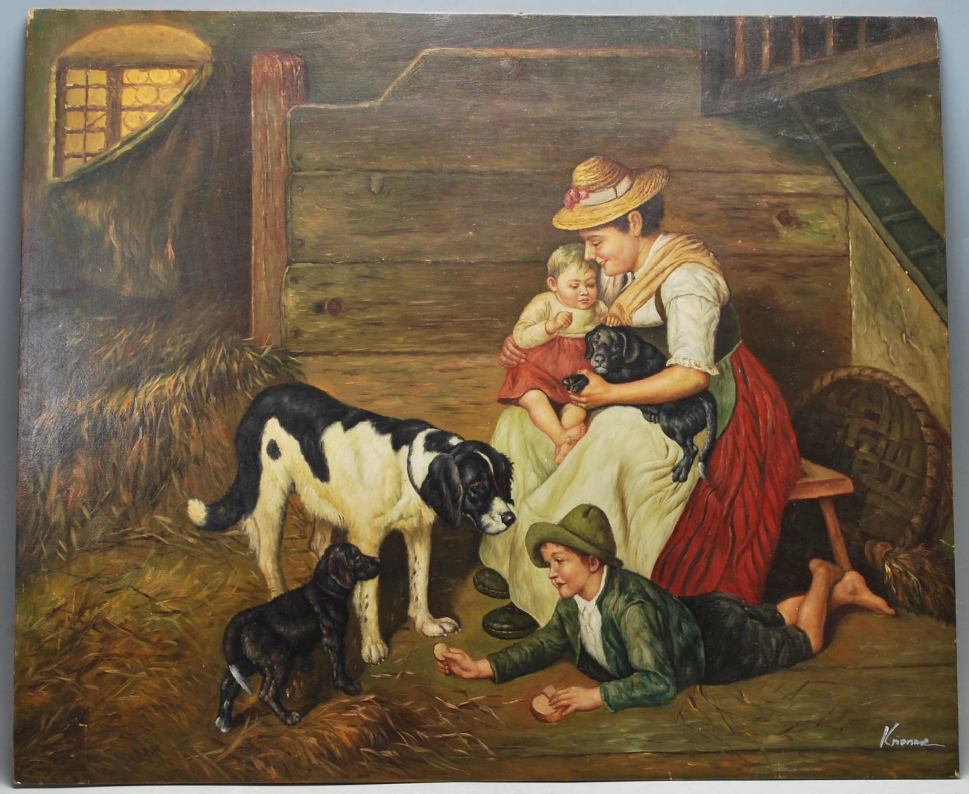 VINTAGE MID CENTURY VICTORIAN REVIVAL OIL ON BOARD PAINTING OF A YOUNG FAMILY PLAYING WITH PUPPIES