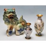 CHINESE CLOISONNE VASES AND TEMPLE LION FIGURINE