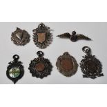 GROUP OF ANTIQUE SILVER FOB MEDALS AND RAF BADGE