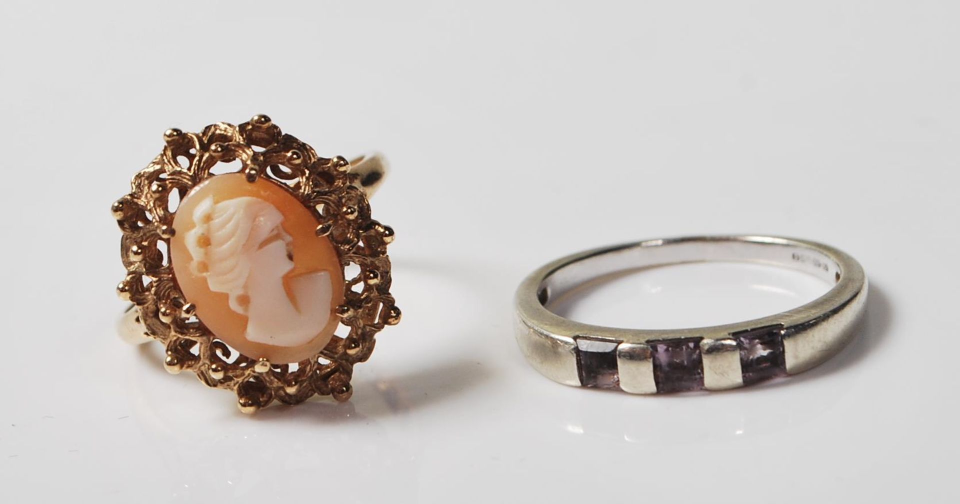 TWO 9CT GOLD RINGS. CAMEO RING - WHITE GOLD RING.