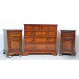A 20TH CENTURY ANTIQUE STYLE FLAME MAHOGANY CHEST OF DRAWERS AND BEDSIDE CABINETS