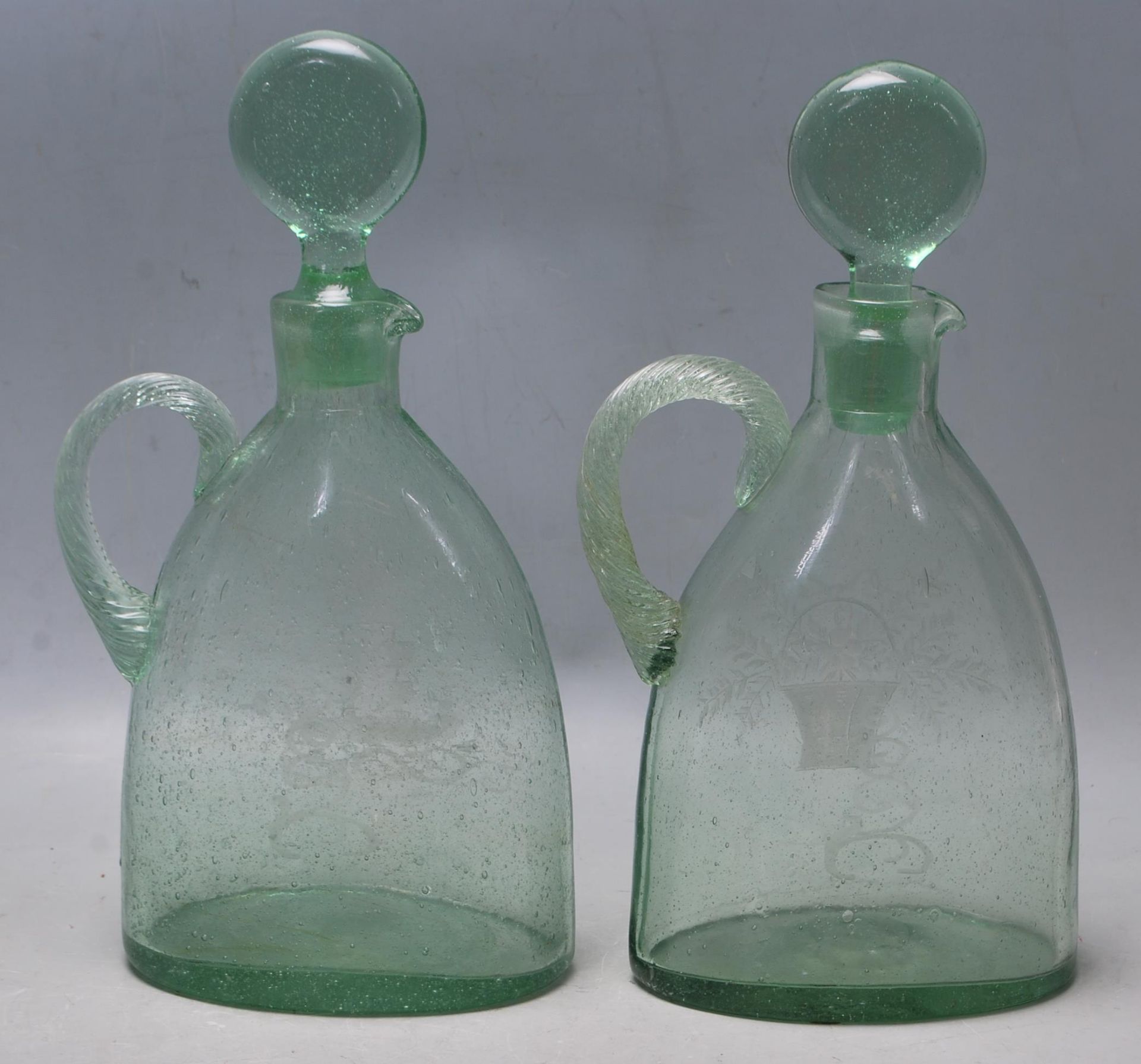 TWO 18TH CENTURY GREEN GLASS GEORGIAN DECANTERS WITH SPIRAL HANDLES - Image 4 of 5