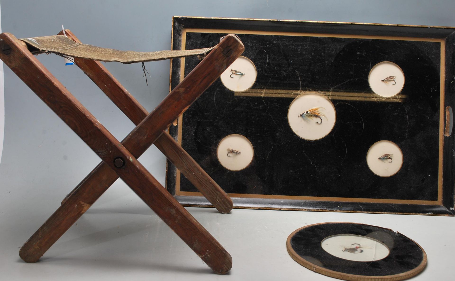 A COLLECTION OF FISHING RELATED ITEMS TO INCLUDE A SERVING TRAY - COASTER - FOLDING FISHING CHAIR
