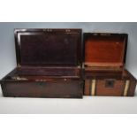 LARGE VICTORIAN ROSEWOOD & BRASS BOUND WRITING SLOPE TOGETHER WITH A WALNUT AND BRASS BOUND WORKBOX