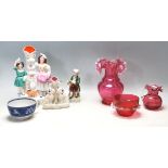 GROUP OF 19TH CENTURY VICTORIAN CERAMICS - CRANBERRY GLASS - STAFFORDSHIRE FLAT BACK